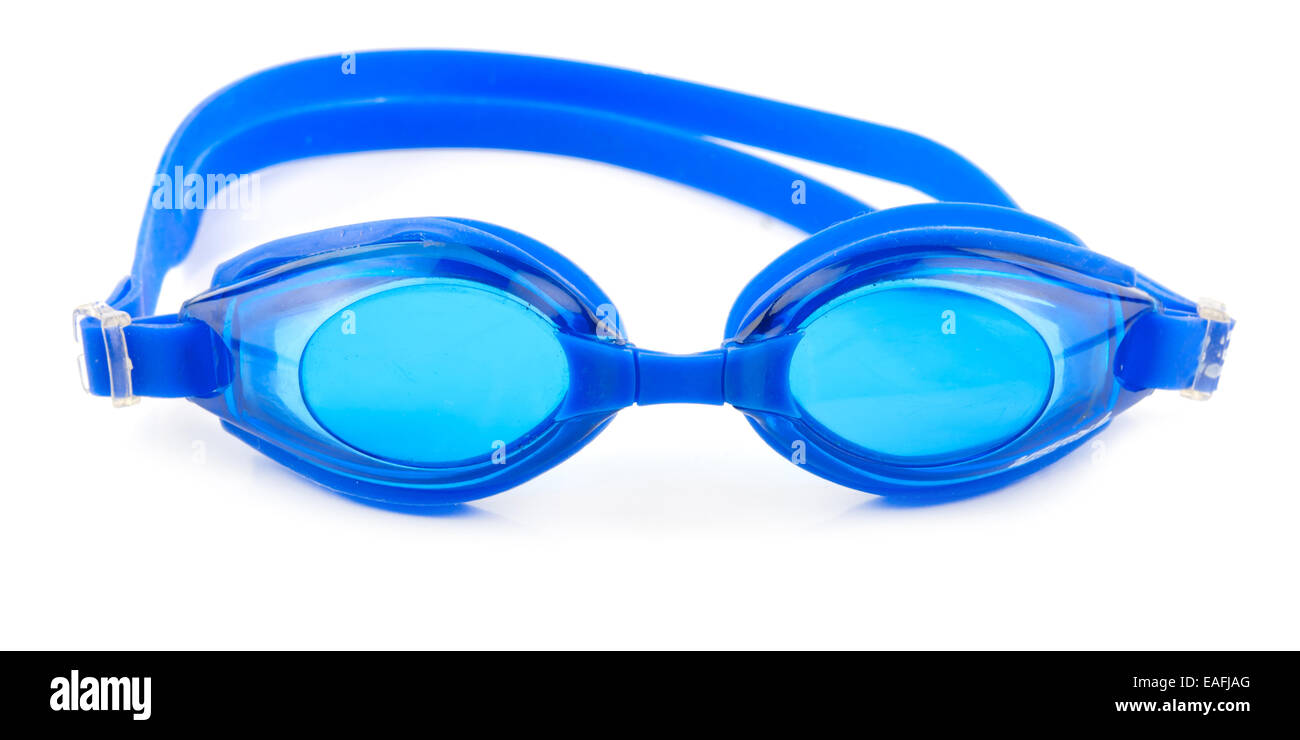 Blaue Brille zum Schwimmen auf weißem Hintergrund Stockfoto