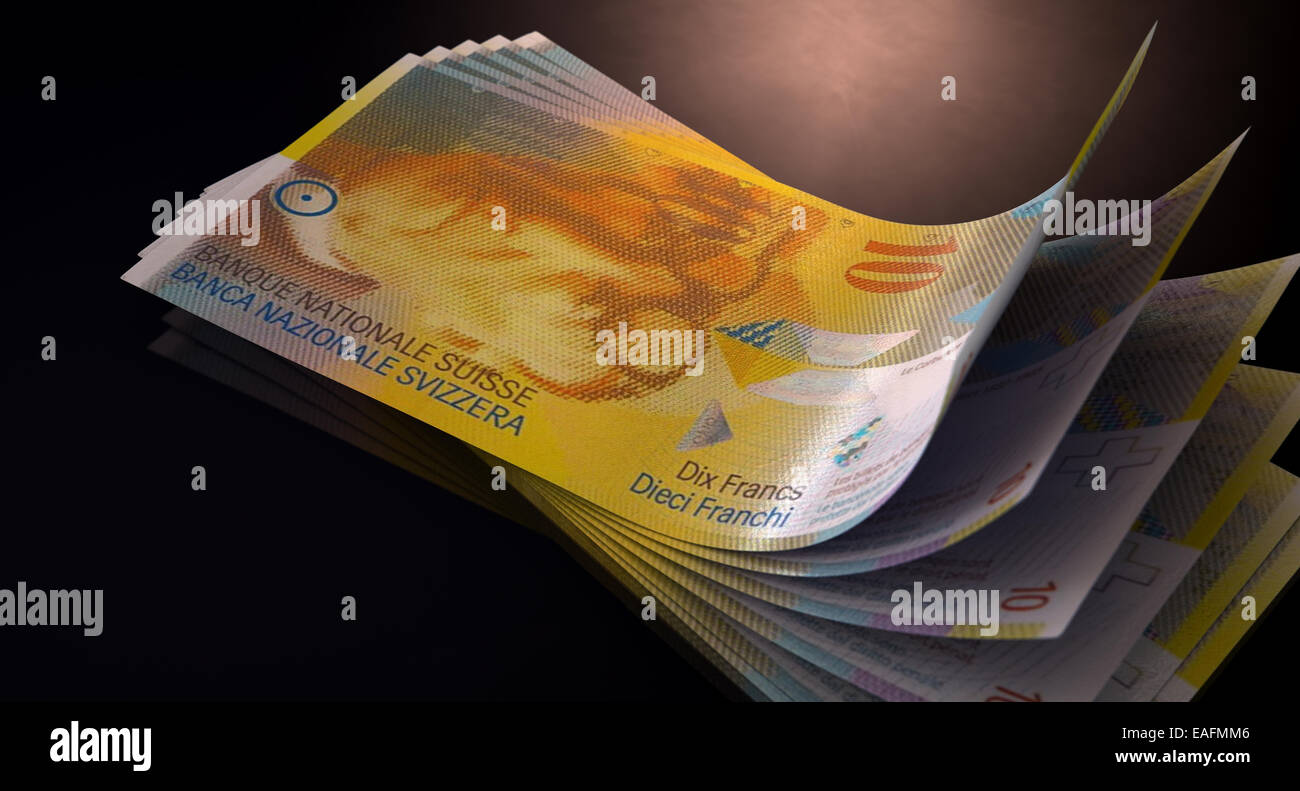 Eine Gruppe von fünf Schweizer Franken-Banknoten aufgefächert und gekrümmt auf einem isolierten weißen Hintergrund Stockfoto