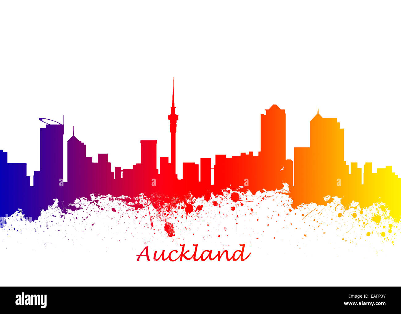 Aquarell Kunstdruck von der Skyline von Auckland New Zealand Stockfoto
