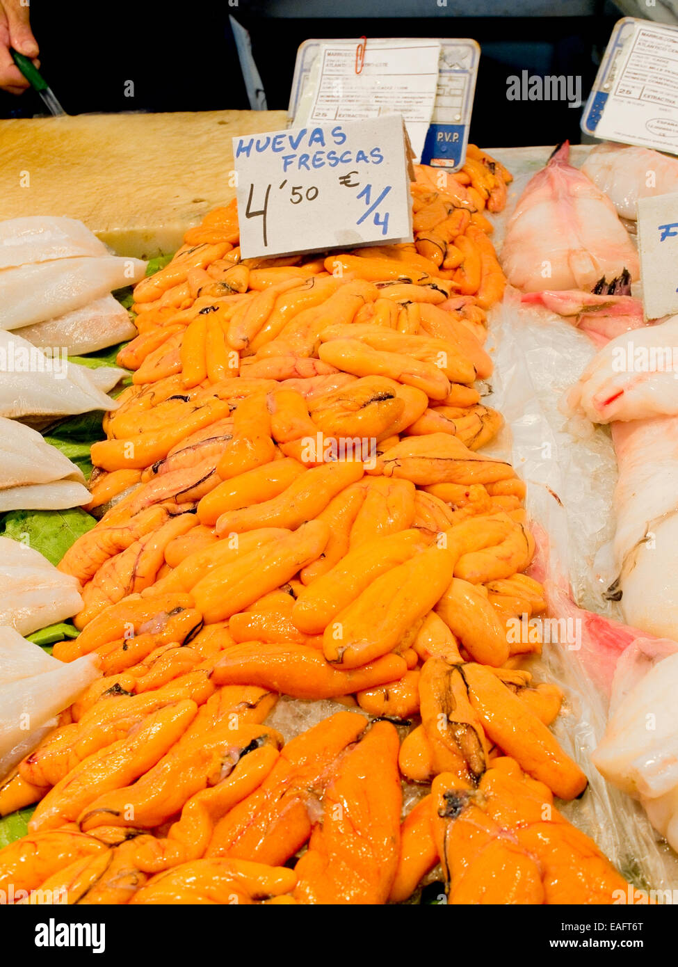 Frischer Fisch Rehe in einem Markt. (Poster in spanischer Sprache, die sagt: frische Fischrogen) Stockfoto