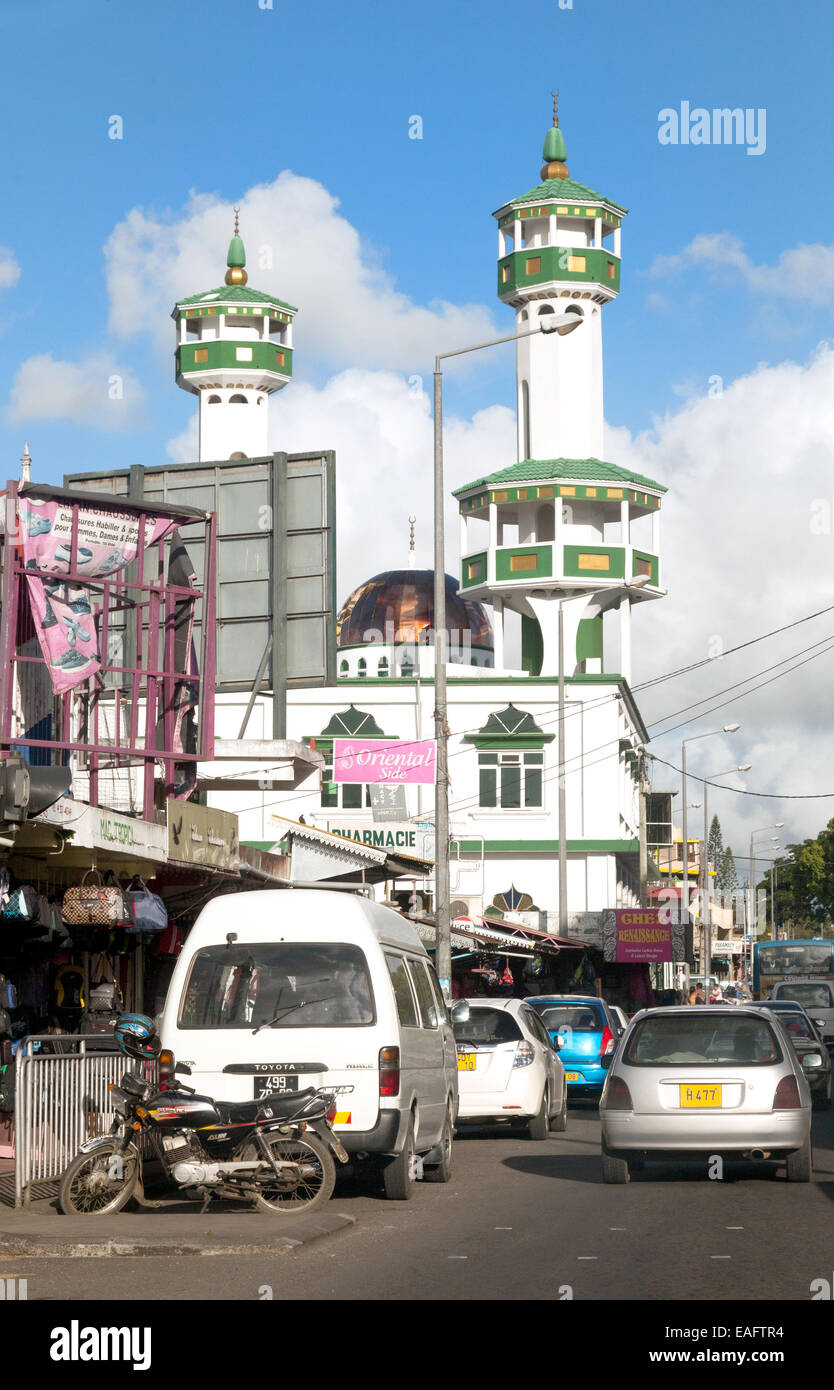 Straßenszene mit Moschee, Mont Ida Stadt, zentrale Mauritius Stockfoto