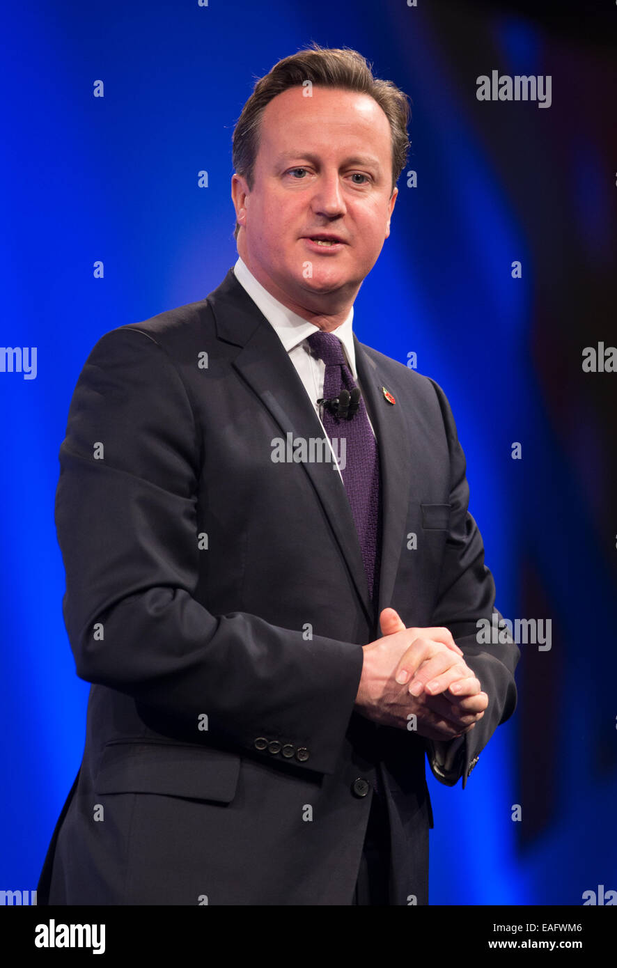 Premierminister David Cameron, befasst sich der jährliche CBI-Konferenz im Grosvenor House Hotel, London Stockfoto