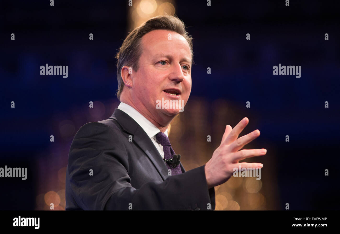 Premierminister David Cameron, befasst sich der jährliche CBI-Konferenz im Grosvenor House Hotel, London Stockfoto