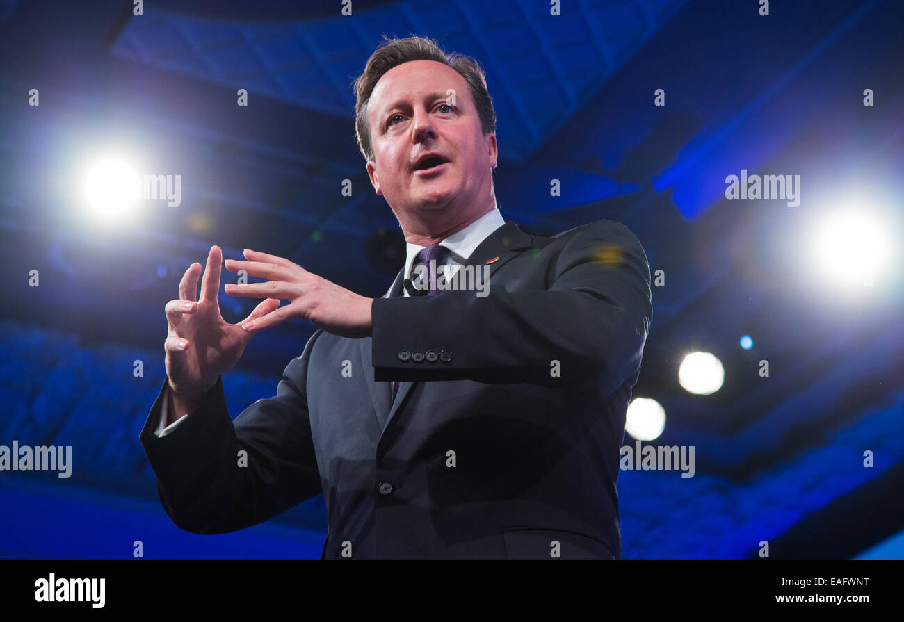 Premierminister David Cameron, befasst sich der jährliche CBI-Konferenz im Grosvenor House Hotel, London Stockfoto