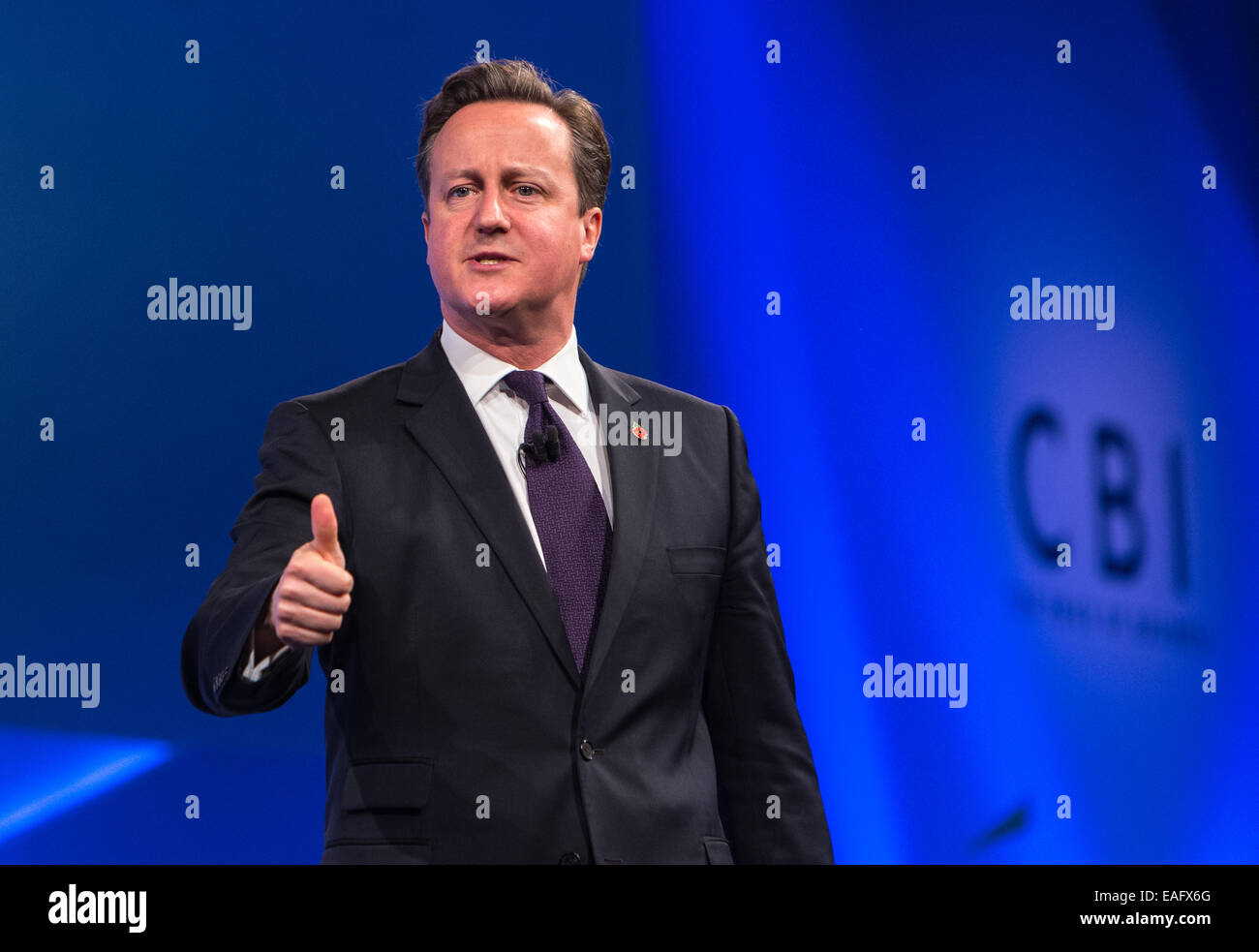 Premierminister David Cameron, befasst sich der jährliche CBI-Konferenz im Grosvenor House Hotel, London Stockfoto