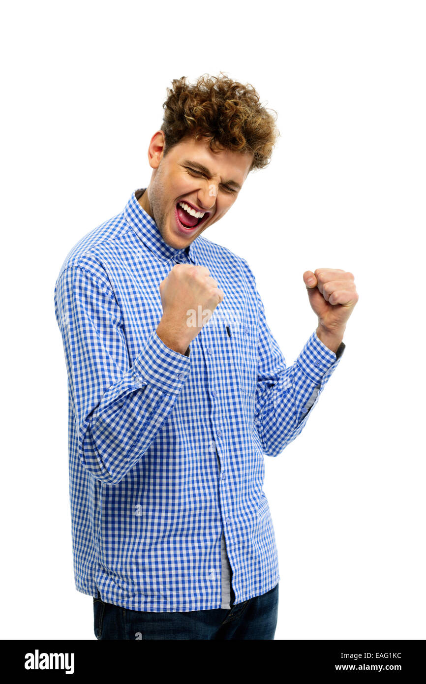 Happy begeistert jungen Mann auf weißem Hintergrund Stockfoto