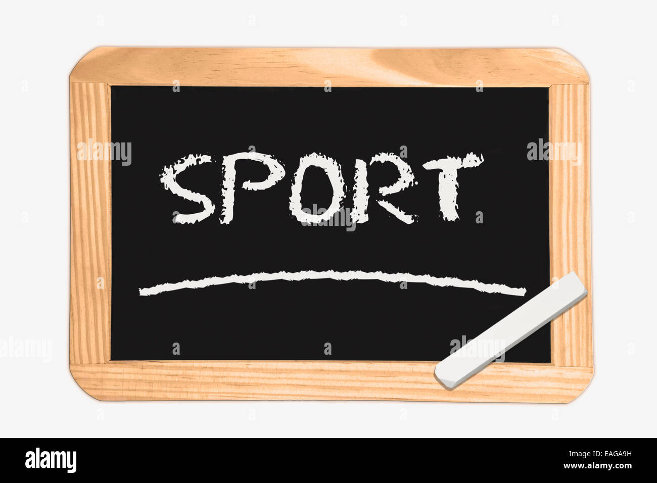 Tafel mit der Aufschrift Sport, ein Stück weiße Kreide in der Ecke Stockfoto