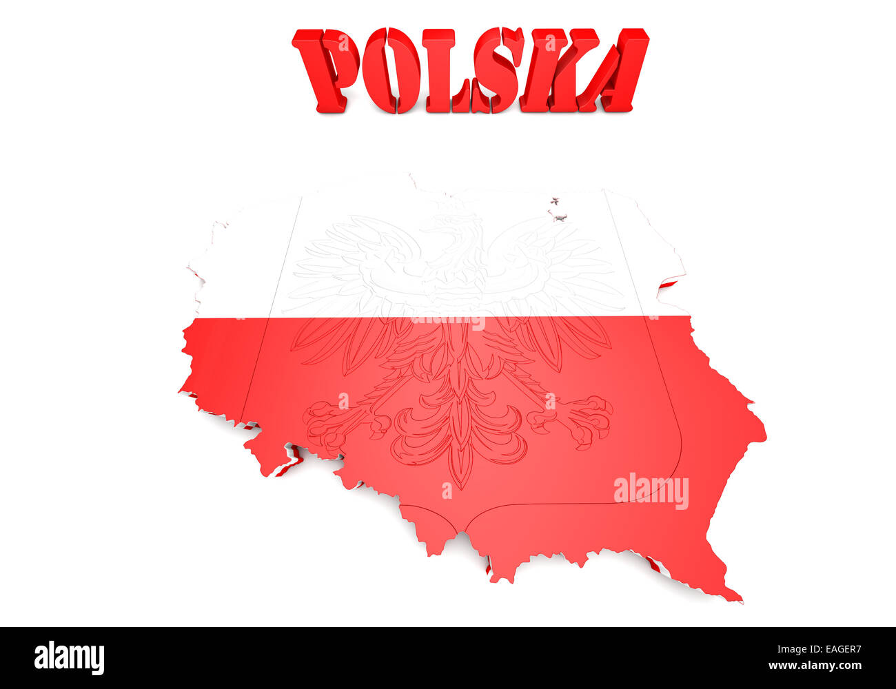 3D-Illustration Karte Polens mit Flagge und Wappen Stockfoto