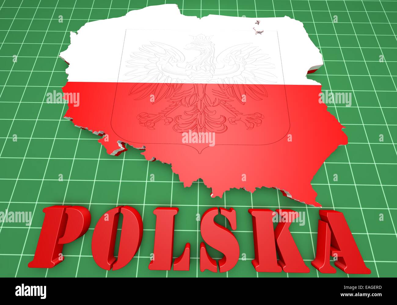 3D-Illustration Karte Polens mit Flagge und Wappen Stockfoto