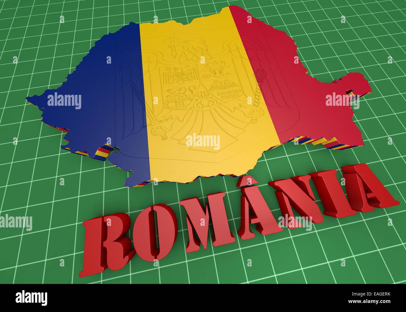 3D-Illustration Karte von Rumänien mit Flagge und Wappen Stockfoto