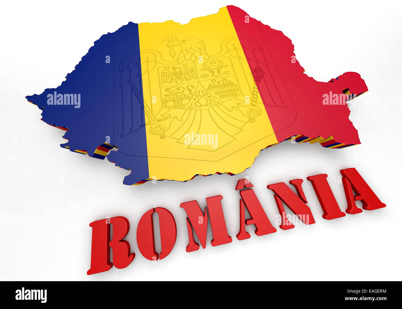 3D-Illustration Karte von Rumänien mit Flagge und Wappen Stockfoto
