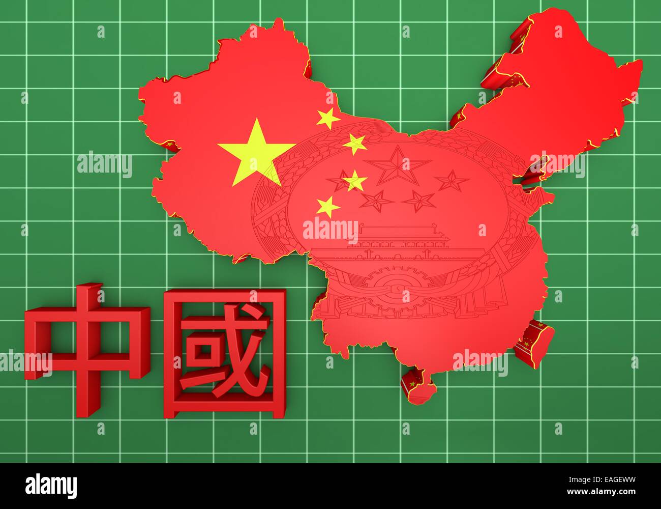 3D Karte von China in chinesischen Flagge Farben. Stockfoto