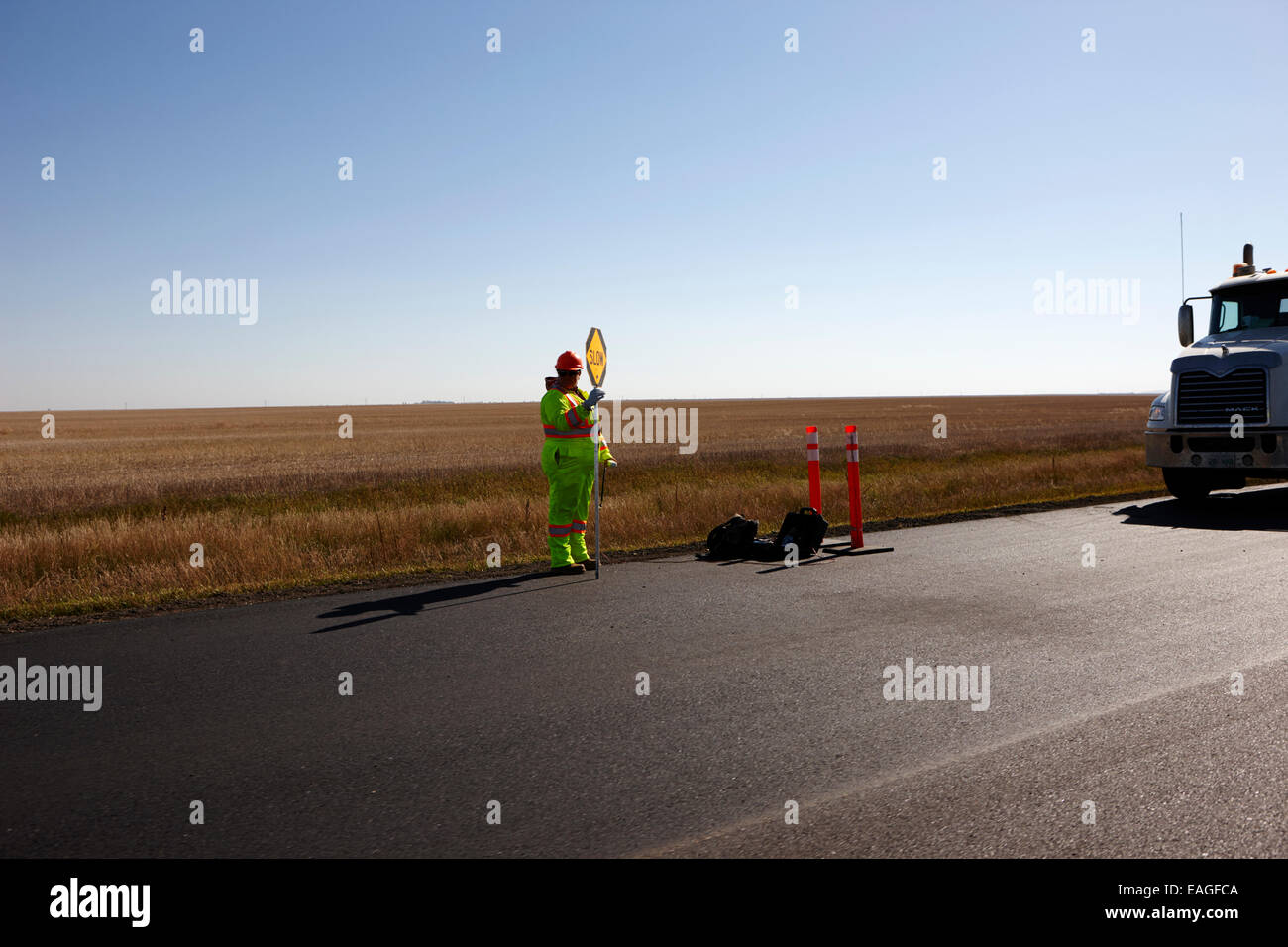 Fahrt durch Autobahn-Bauarbeiten Saskatchewan Kanada Stockfoto