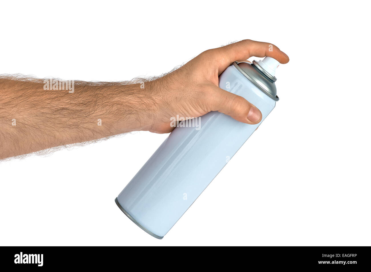 Sprühflasche kann in der hand isoliert auf weißem Hintergrund Stockfoto