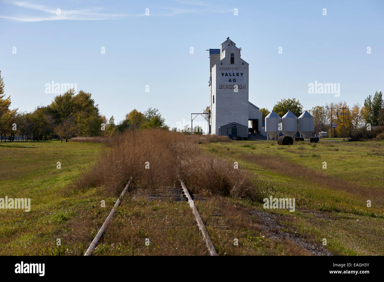 Getreidesilo und alten Zug verfolgen Wahrzeichen Bengough Saskatchewan Kanada Stockfoto