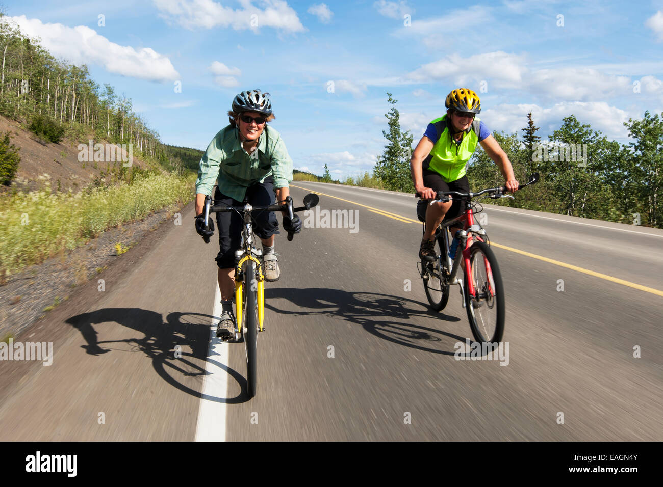 Radfahren am Dalton Highway, North Slope Haul Road, arktischen Alaska, Sommer. Stockfoto