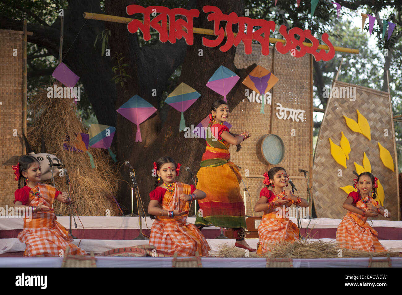 Dhaka, Bangladesch. 15. November 2014. Universität von Dhaka feiert Nabanno, ein traditionelles jährlichen Fest der Ernte der neuen Kennzeichnung. Hunderte von jungen und Mädchen, gekleidet in Tracht, ausgeführten Tänze und Lieder, dieses Erntedankfest zu feiern. Das Festival begann mit der Melodie Flöte gefolgt von Rezitationen, Tanz und Folk-Songs, vor allem Jari und Sari. Traditionelle Tänze werden durchgeführt. Bildnachweis: ZUMA Press, Inc./Alamy Live-Nachrichten Stockfoto