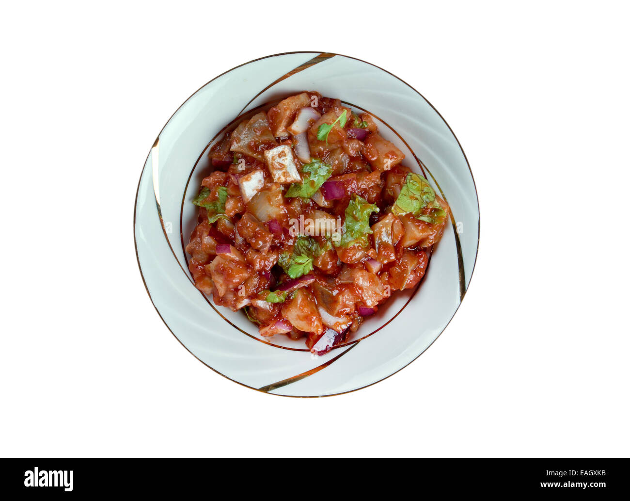 Tomatsild - norwegische Gericht eingelegten Hering, Zwiebeln und Tomaten Paste Stockfoto