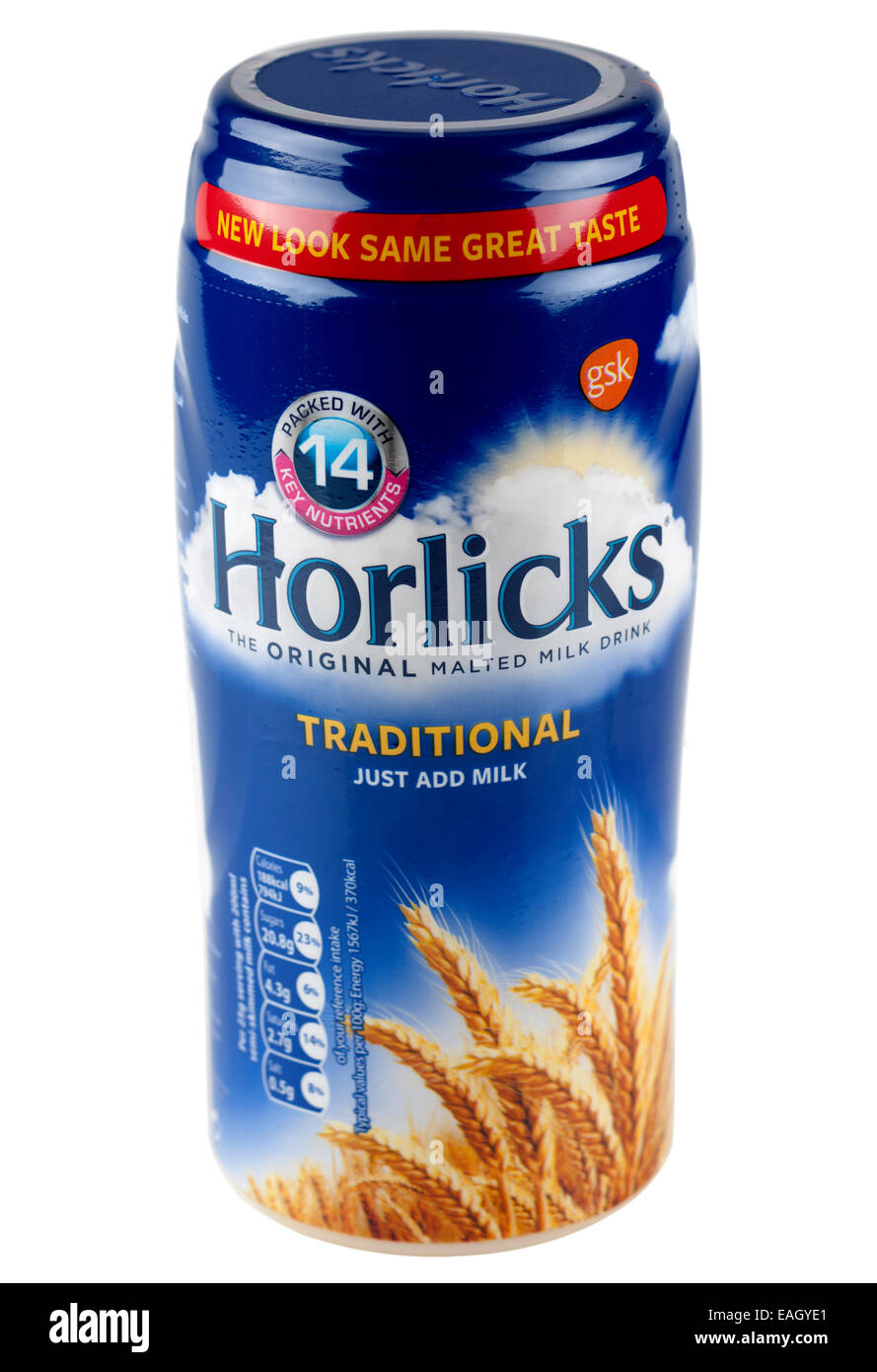Container des ursprünglichen Horlicks traditionelle gemälzte Milchgetränk Stockfoto