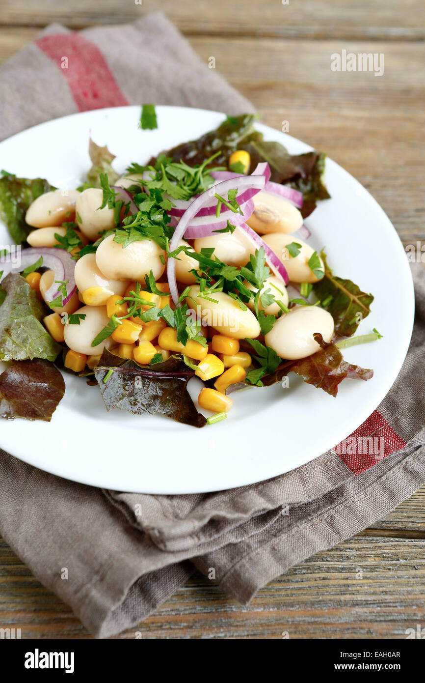 Leichten Salat mit Bohnen, Salat und Zwiebeln auf einem Teller Stockfoto