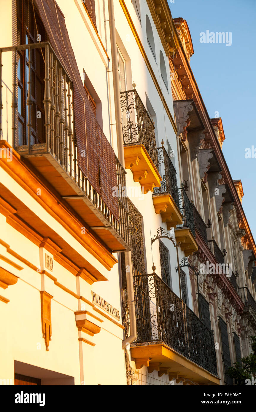 Späten Nachmittag goldenen Sonnenlicht fällt der historischen Häuser in der Placentines Straße, Sevilla, Spanien Stockfoto