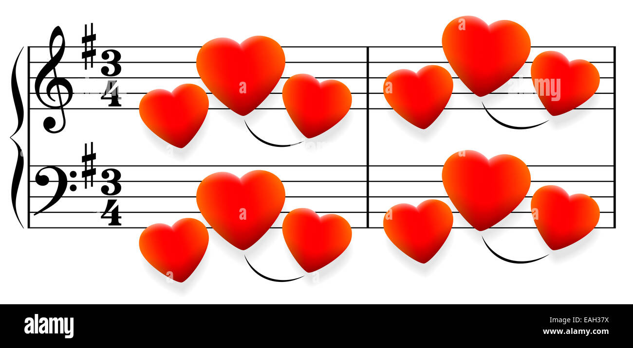 Liebeslied bestehend aus leuchtend roten Herzen anstelle von Noten. Stockfoto