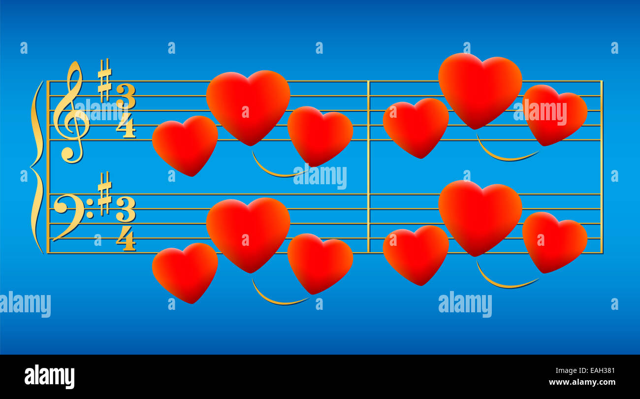 Liebeslied bestehend aus leuchtend roten Herzen auf goldenen Notation Daube anstelle von Noten. Stockfoto