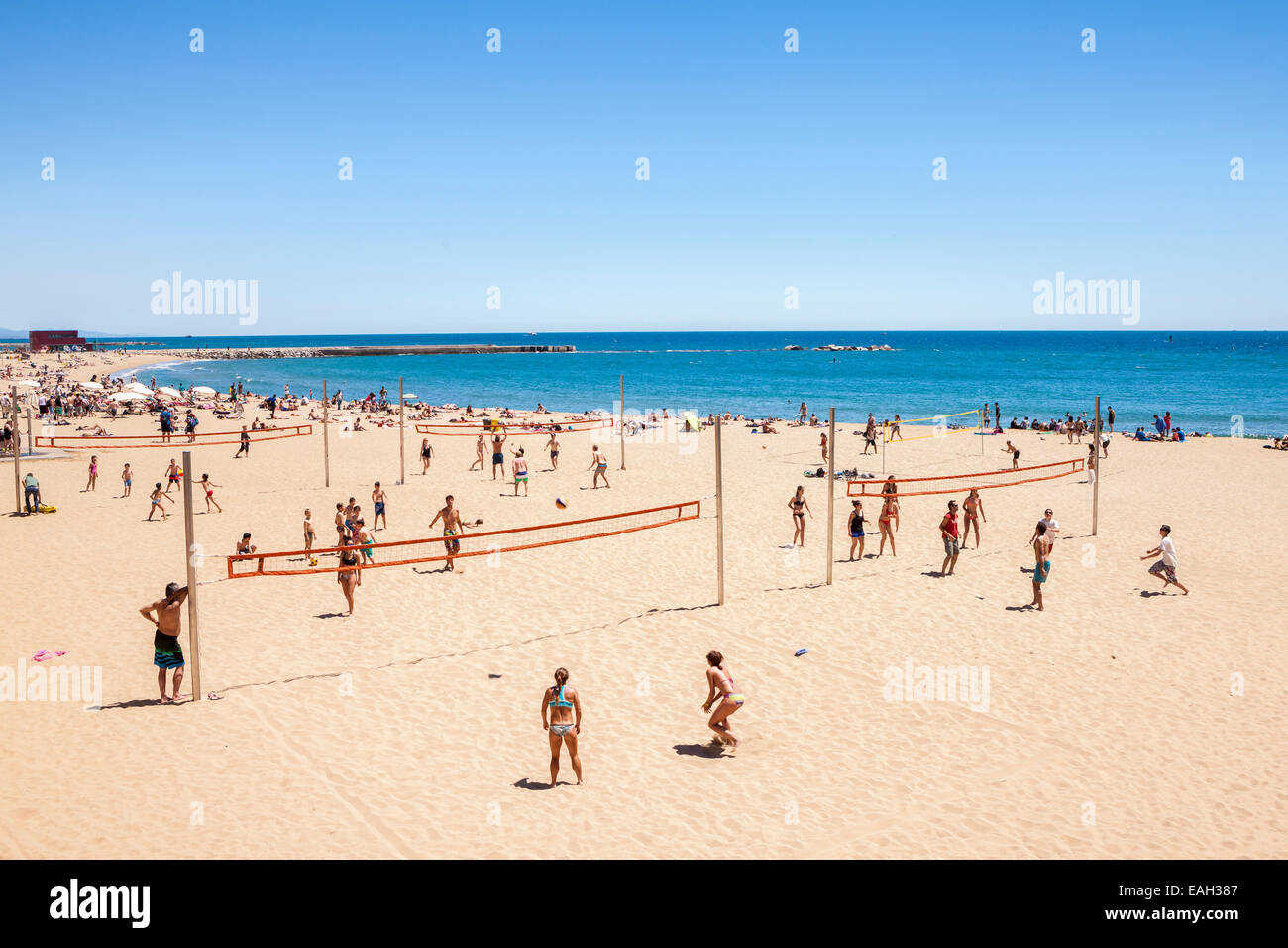 Barceloneta-Strand in der Stadt Barcelona, Spanien Stockfoto