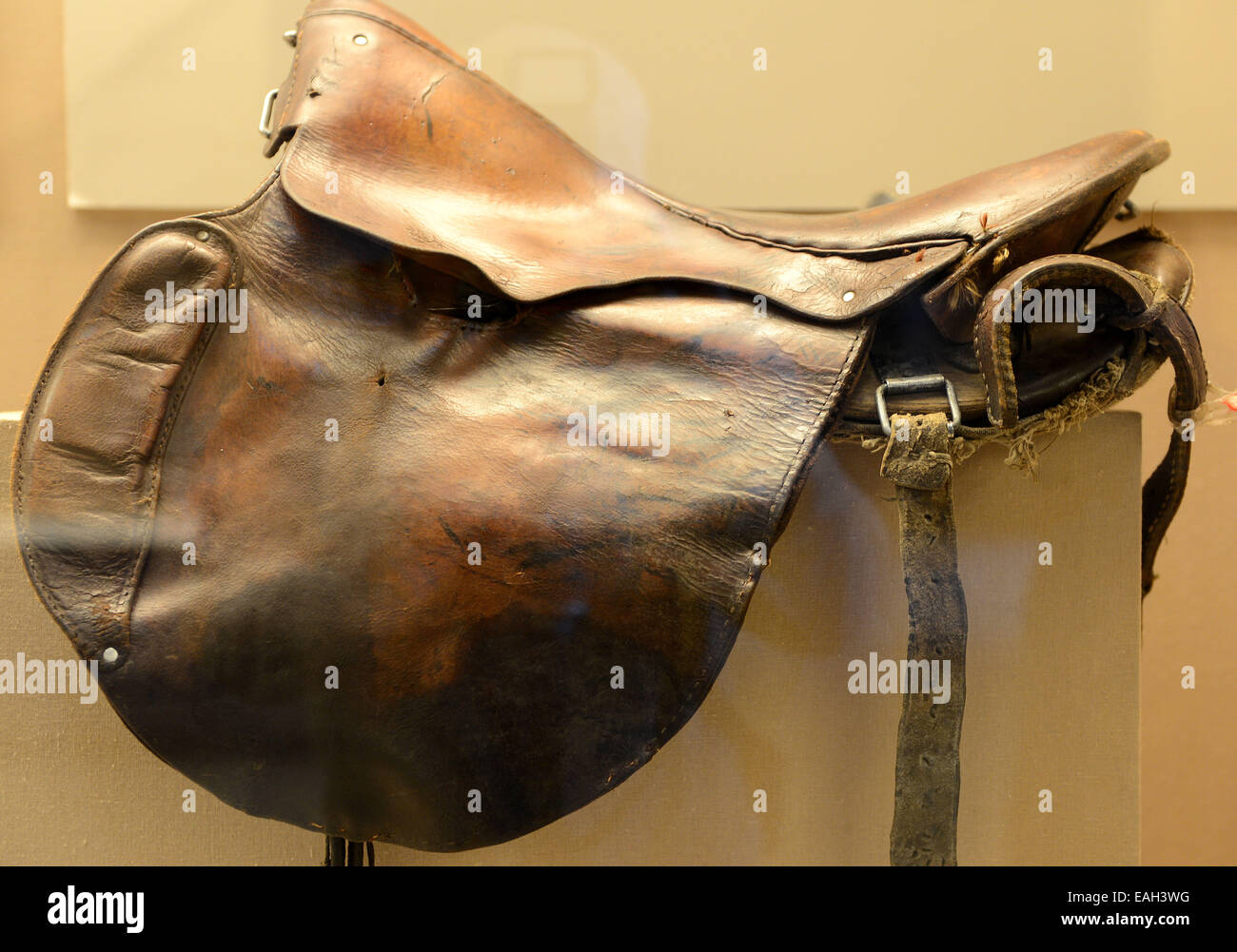 (141115)--LHASA, 15. November 2014 (Xinhua)--Foto aufgenommen am 15. November 2014 gemacht zeigt einen Sattel aus Yak Leder bei Yak Museum of Tibet in Lhasa, der Hauptstadt von Südwesten Chinas Tibet autonome Region. Jak Museum von Tibet, das erste Yak-themed Museum der Welt, für das Publikum hier am Samstag geöffnet. (Xinhua/Chogo) (Wjq) Stockfoto