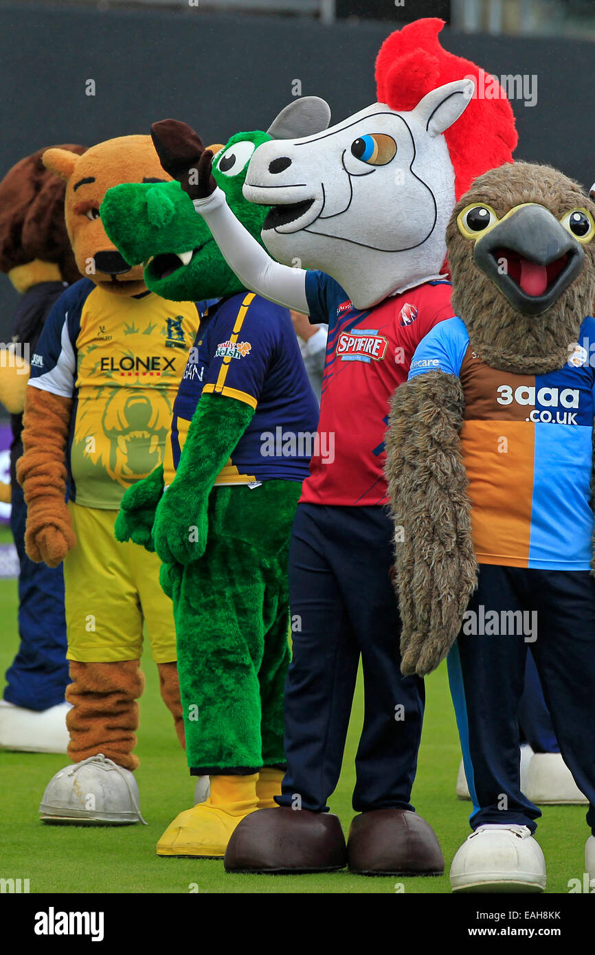 Cricket - Freddie Falcon, Victa, Dewi der Drache & Hugh Bär erwarten die T20 Finale Tag Maskottchen Rennen bei Edgbaston Stockfoto