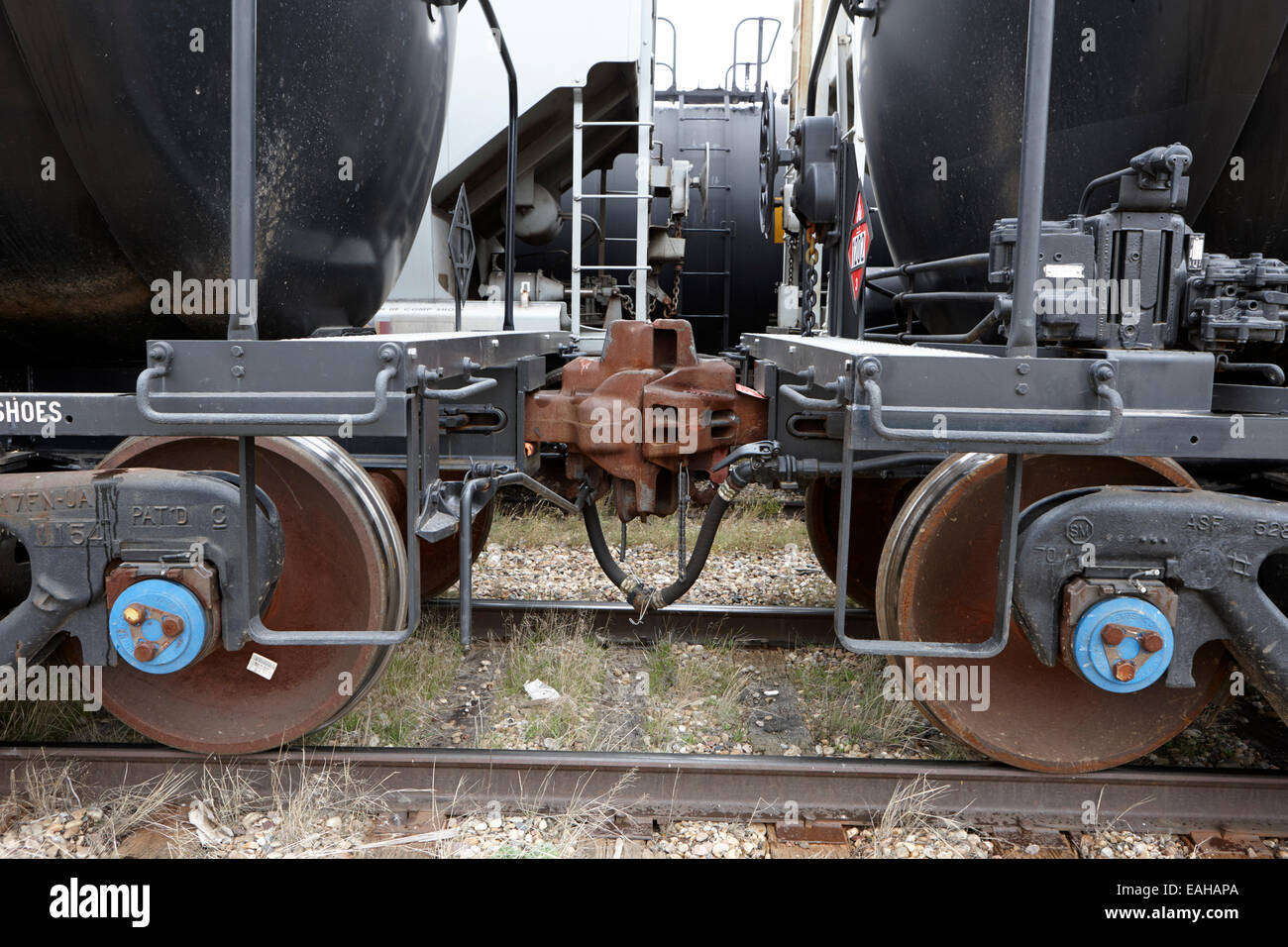 Fracht Getreidekipper Kupplung auf ehemalige kanadische pazifische Eisenbahn Saskatchewan Kanada Stockfoto