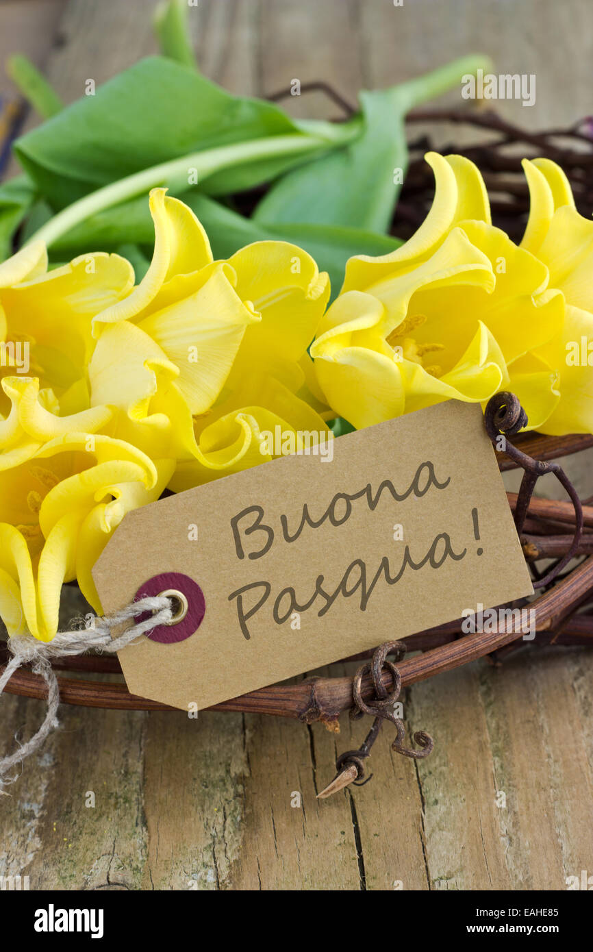 italienische Osterkarte mit gelben Tulpen Stockfoto