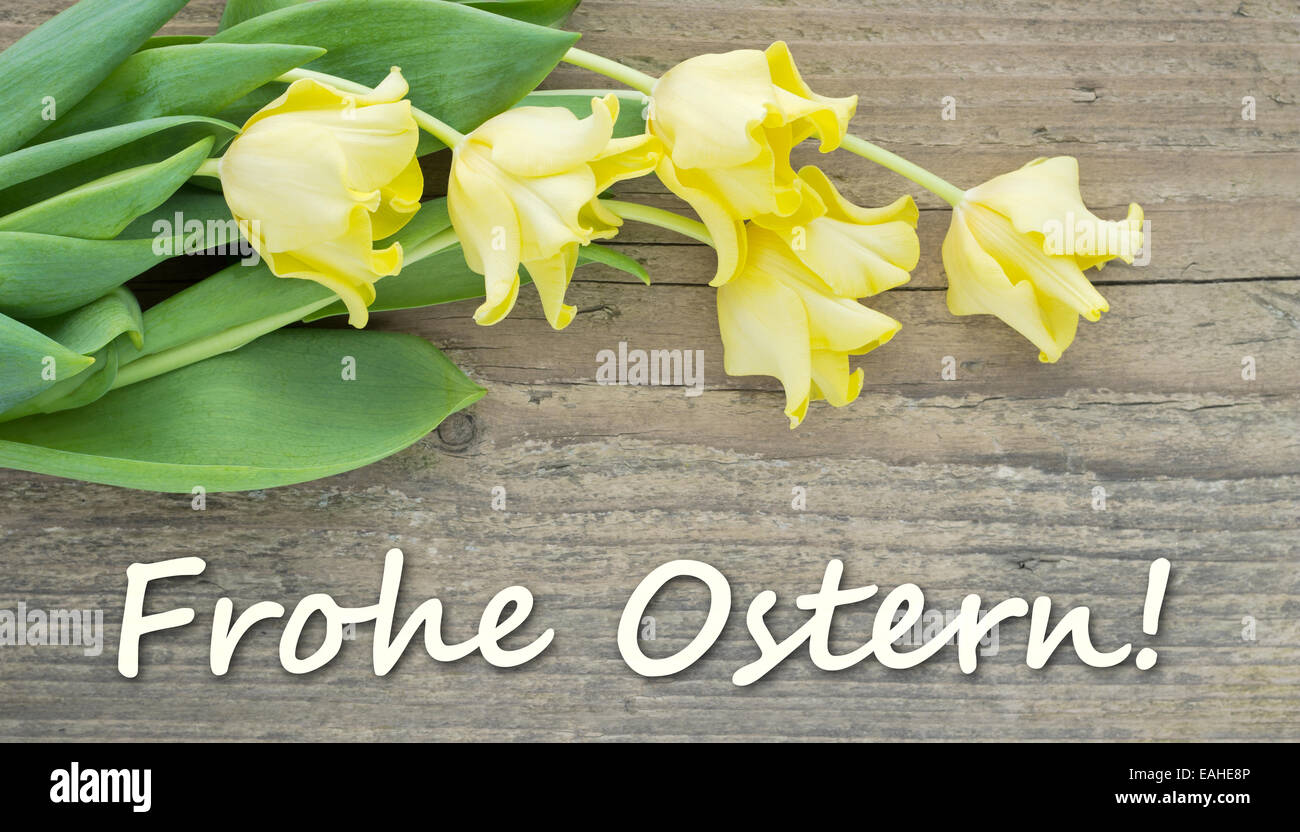 Deutsche Osterkarte mit gelben Tulpen Stockfoto