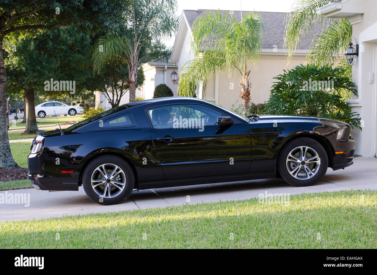 Schwarzen Sportwagen auf Einfahrt in amerikanischen Wohnsiedlung Florida USA Stockfoto