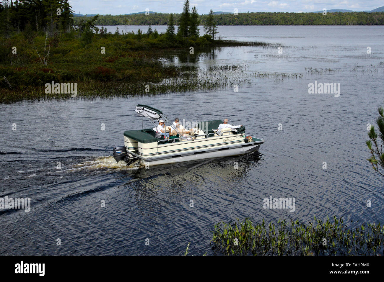 Ponton-Boot-Deck mit Familie fahren, Segeln in der Nähe der Küste. Adirondack State Park Adirondacks-Bergen. Stockfoto