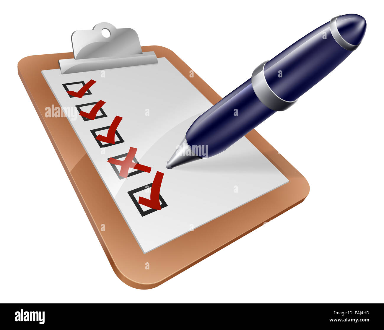 Umfrage-Zwischenablage und Cartoon Stift ankreuzen oder Kreuzung Boxen auf eine Umfrage oder eine andere form Stockfoto