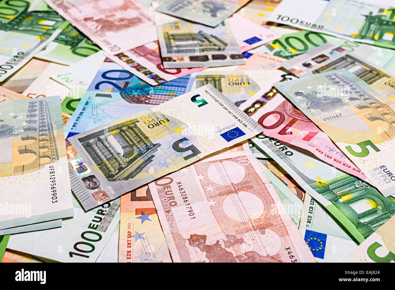 Satz von Euro-Banknoten. Geringe Schärfentiefe. Stockfoto