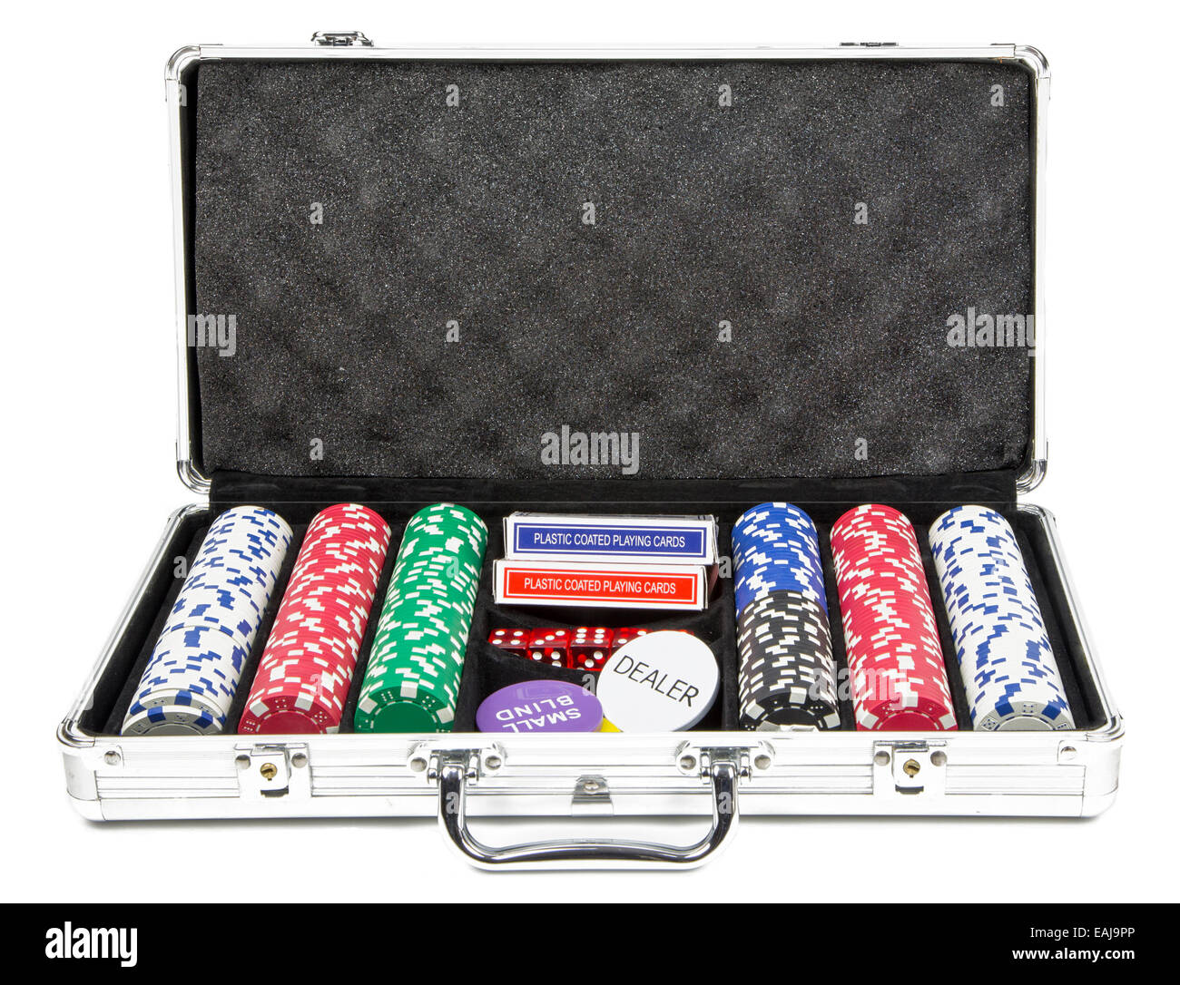 Poker set in gebürstetem Aluminium-Tragetasche Stockfoto