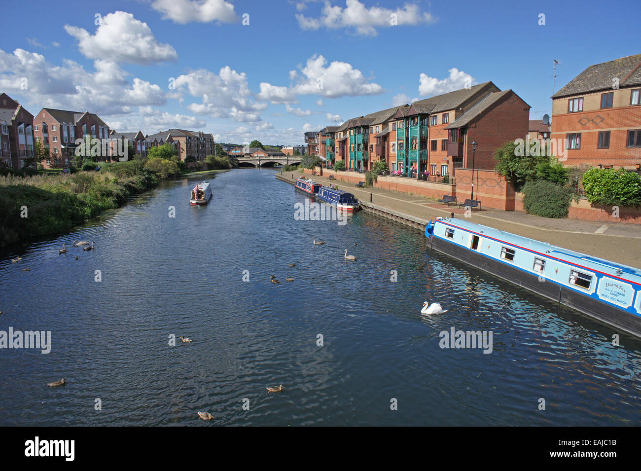 Der Fluss Nene bei Southbridge, Northampton, UK; modernes Gehäuse auf beiden Seiten mit schmalen Boote auf dem Fluss. Stockfoto