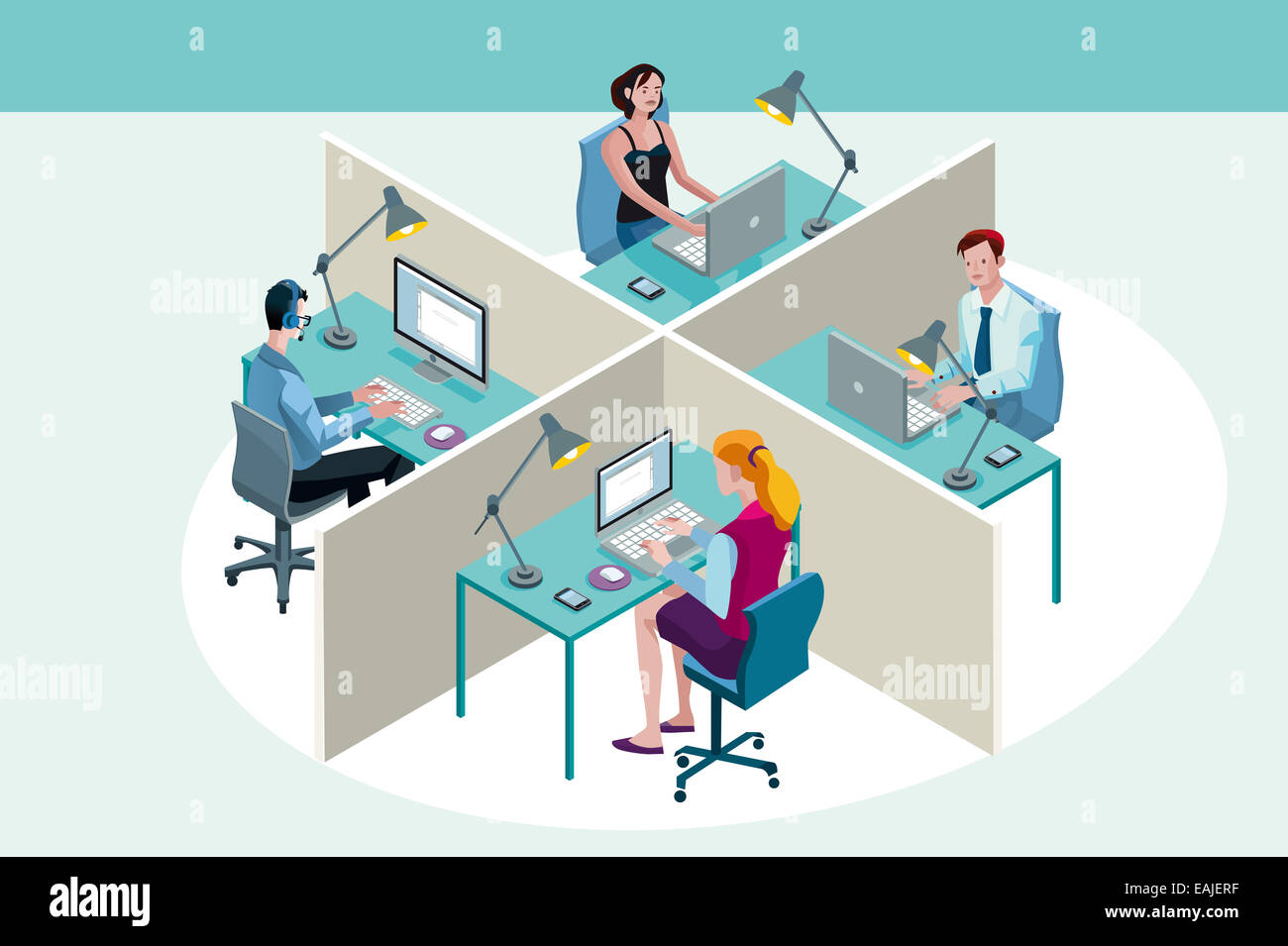Vier Buroangestellte In Einem Buro Sitzen An Ihrem Schreibtisch Mit Ihrem Laptop Arbeiten Isometrische Perspektive Stockfotografie Alamy