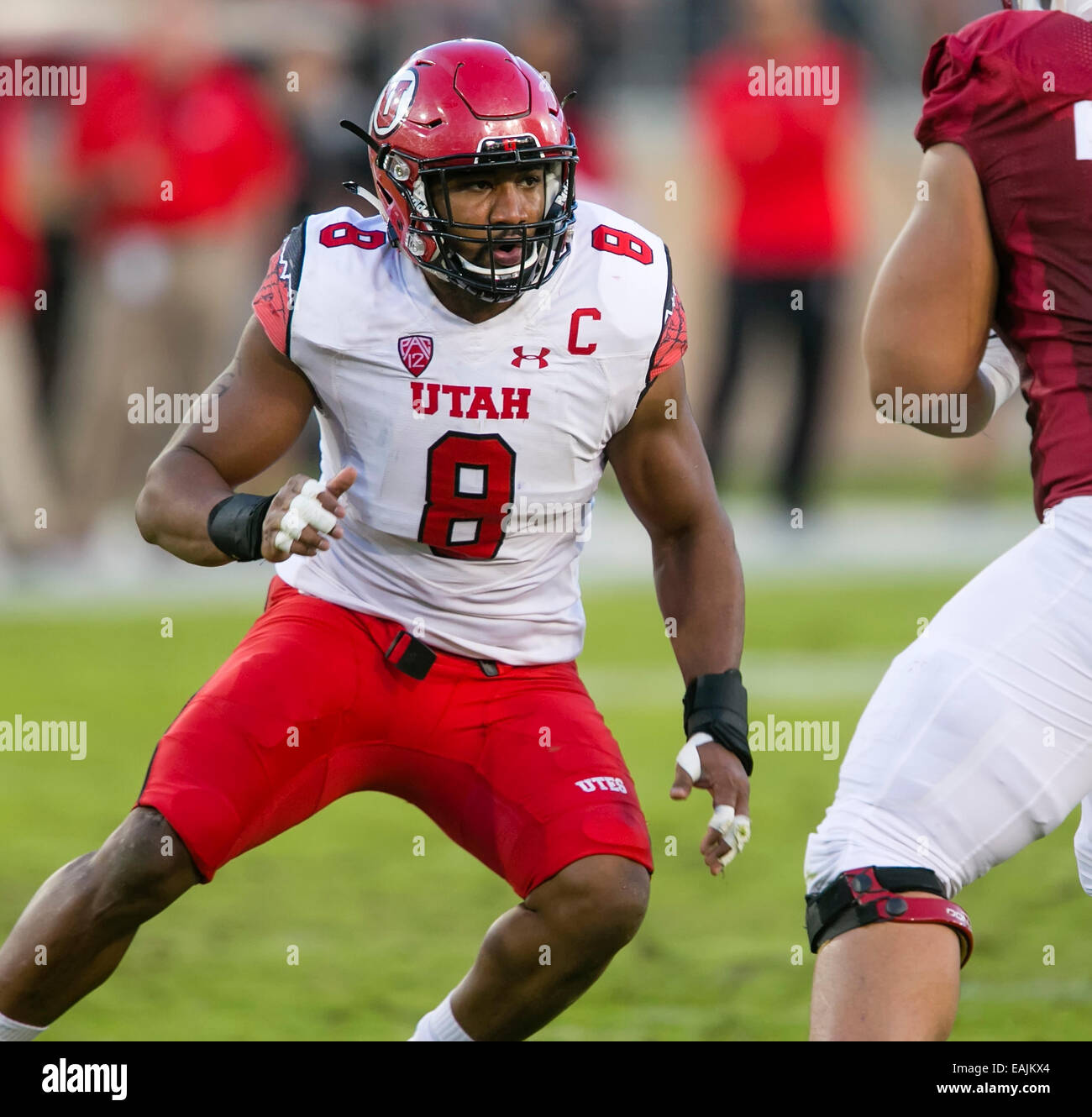 Doppelte Überstunden. 15. November 2014. Utah Utes defensive End Nate Orchard (8) in Aktion während der NCAA Football-Spiel zwischen der Stanford Cardinal und die Utah Utes im Stanford Stadium in Palo Alto, CA. Stanford unterlag Doppel Überstunden Utah 20-17. Damon Tarver/Cal Sport Media/Alamy Live-Nachrichten Stockfoto