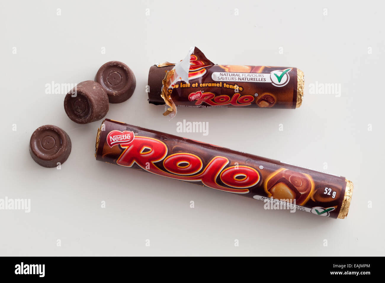 Rohre von Rolo Candy, eine Konditorei, produziert von Nestlé, außer in den USA, wo es unter Lizenz von the Hershey Company hergestellt wird. Stockfoto