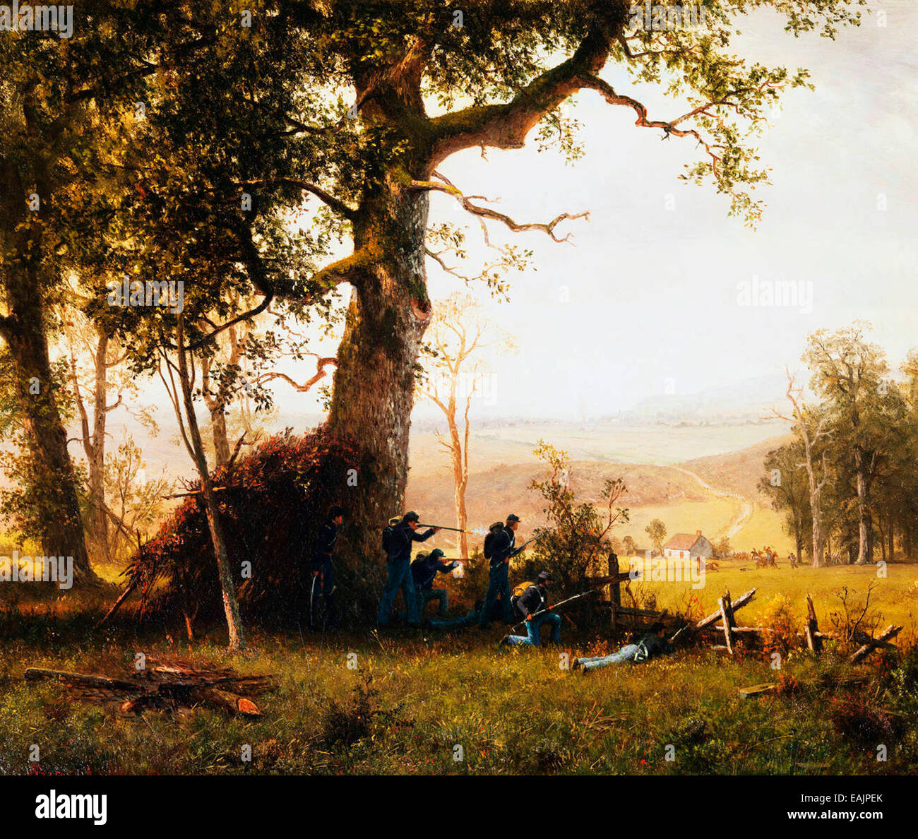 Guerilla-Krieg, Bürgerkrieg von Albert Bierstadt, 1862 Bürgerkrieg, Streikposten Pflicht In Virginia. Die Szene zeigt Union Truppen in blau Stockfoto