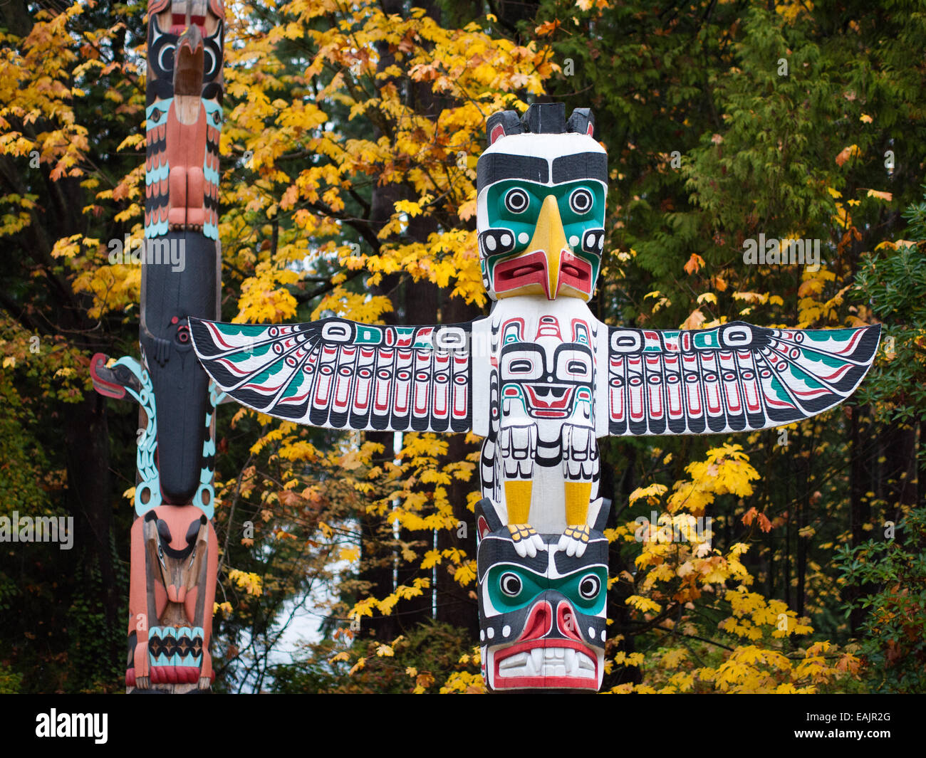 Die berühmten Totempfähle am Brockton Point, Stanley Park, Vancouver, Britisch-Kolumbien, Kanada, im Herbst (Herbst). Stockfoto
