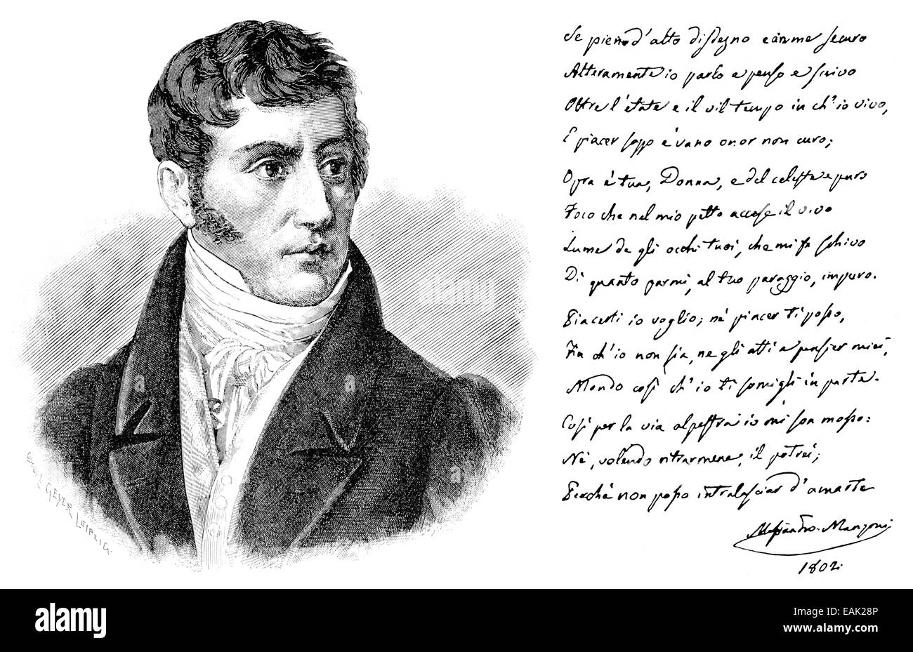 handschriftliche Widmung und Porträt von Alessandro Francesco Tommaso Manzoni, 1785-1873, ein italienischer Dichter und Schriftsteller, handschrif Stockfoto
