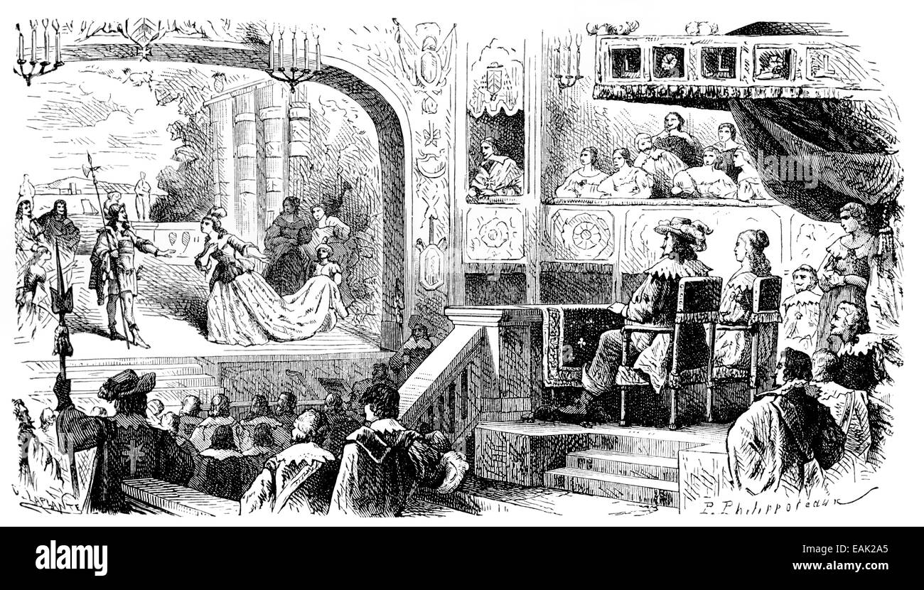 Präsentation von einer Theateraufführung am Gericht von Louis XIII, 1601-1643 König von Frankreich und Navarra, Historische Darstell Stockfoto