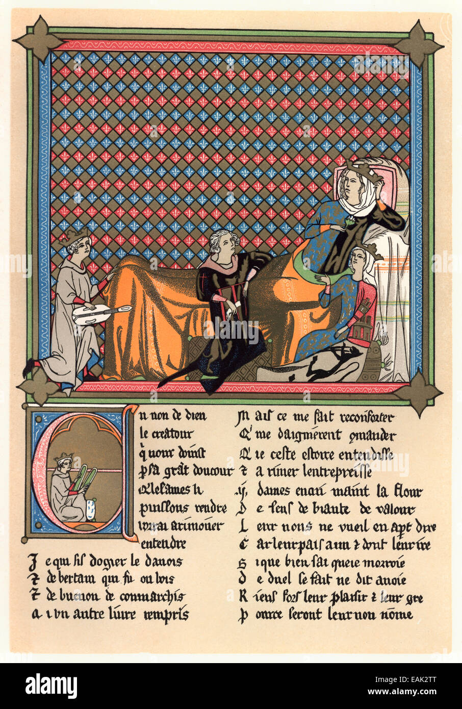 Adenez präsentiert seine Gedichte zu Cleomades Königin von Frankreich, 13. Jahrhundert Adenez Trägt seine Dichtung Cleomades der Königin v Stockfoto