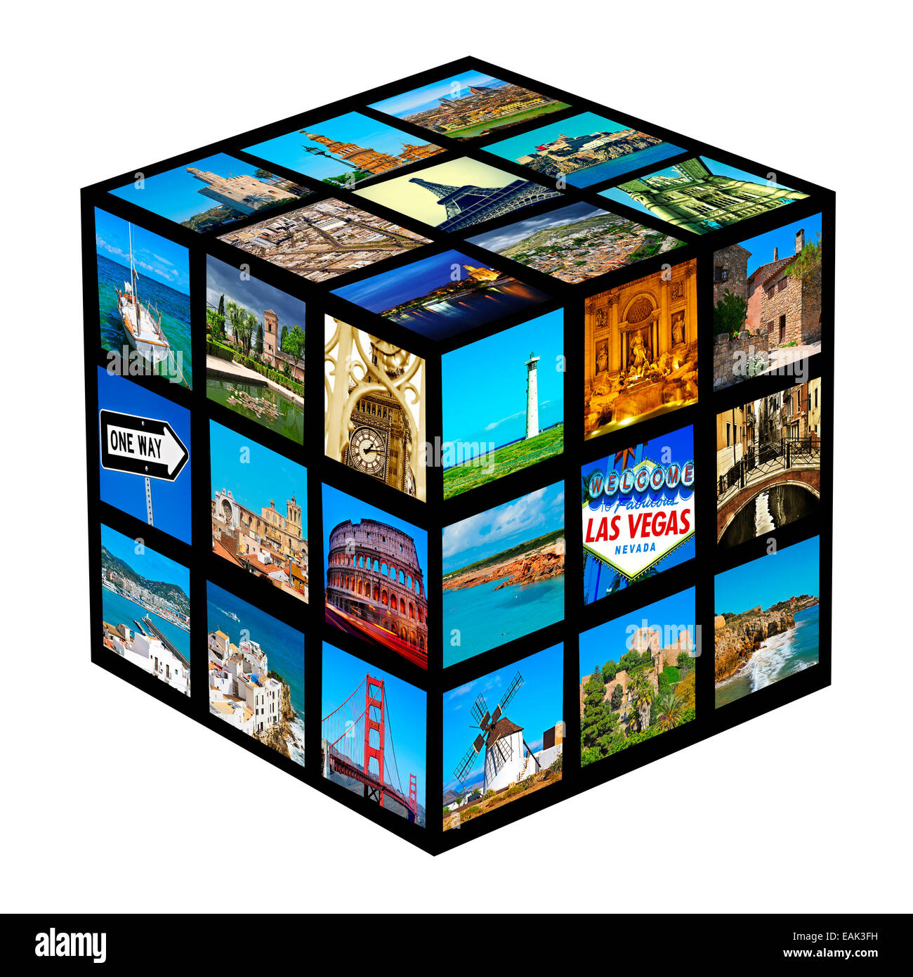 Cube mit Bildern von verschiedenen Landschaften und Sehenswürdigkeiten, fotografiert von mir Stockfoto