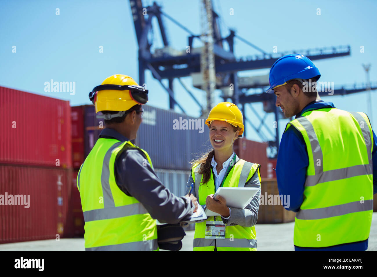 Geschäftsleute und Arbeiter in der Nähe von Containern im Gespräch Stockfoto