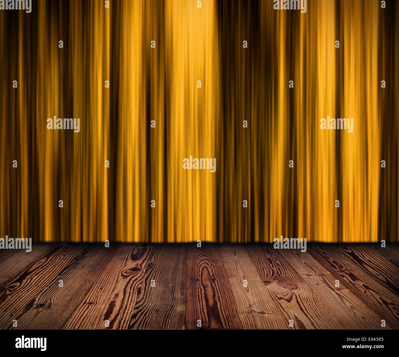 Theater oder Kino dunkel goldenen Vorhang mit Holzbohlen Boden Stockfoto